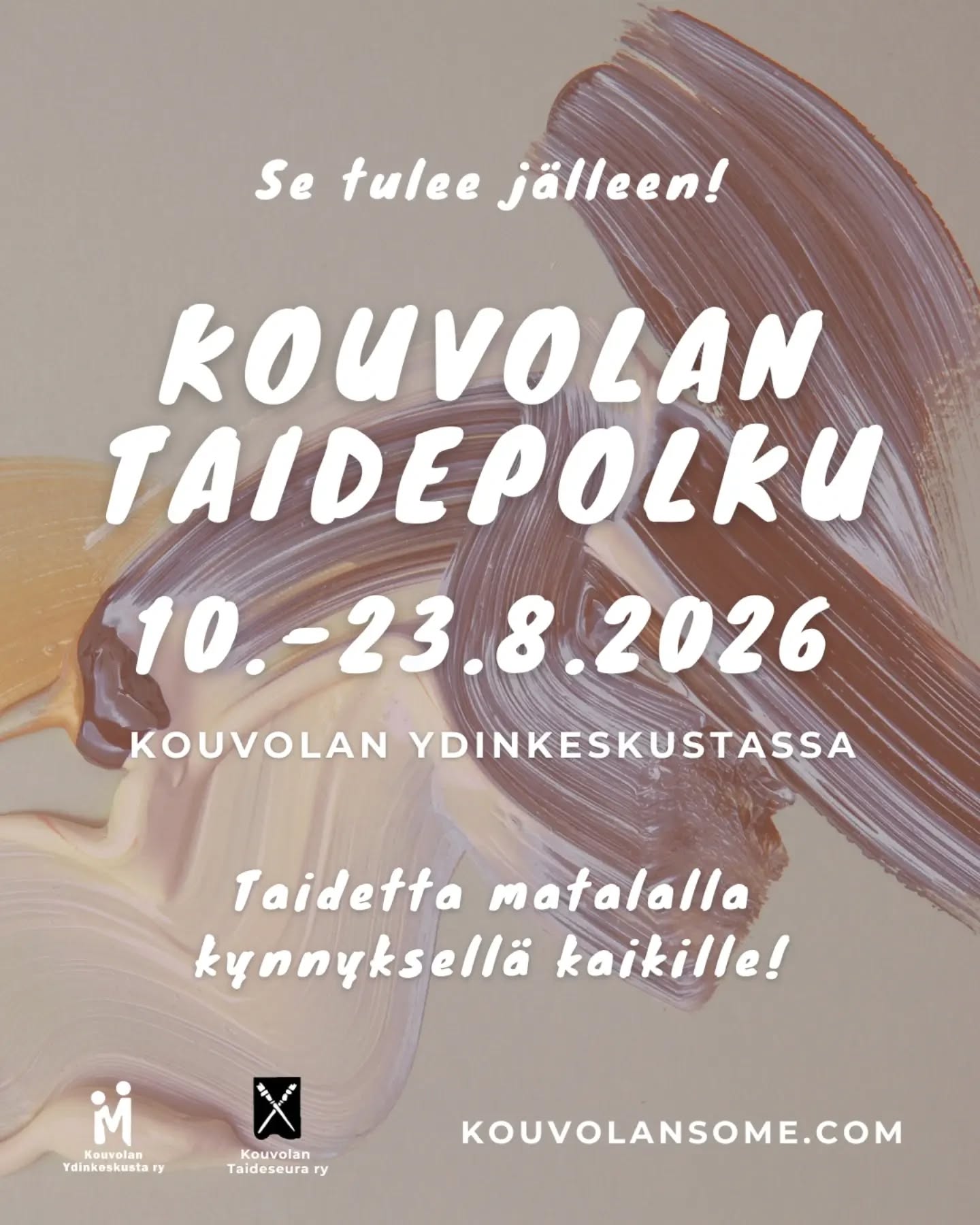 Kouvolan Taidepolku ihastuttaa jälleen elokuussa! 😍

🎨 Taidepolku on ulkoilmatapahtuma, jossa pääsee ihailemaan eri taiteilijoiden töitä paikallisten yritysten ikkunoissa.

🎨 Kouvolan Taidepolku Kouvolan keskustassa 10.-23.8.2026, avoinna ympäri vuorokauden.

🎨 Tapahtuma toteutetaan yhdessä Kouvolan Taideseuran kanssa.

👉 Katso mukanaolevat yritykset ja taiteilijat osoitteessa kouvolansome.com, linkki biossa. 

#taidepolku #kouvolantaidepolku #kouvolantaideseura #kouvolanydinkeskustary #kouvolassatapahtuu