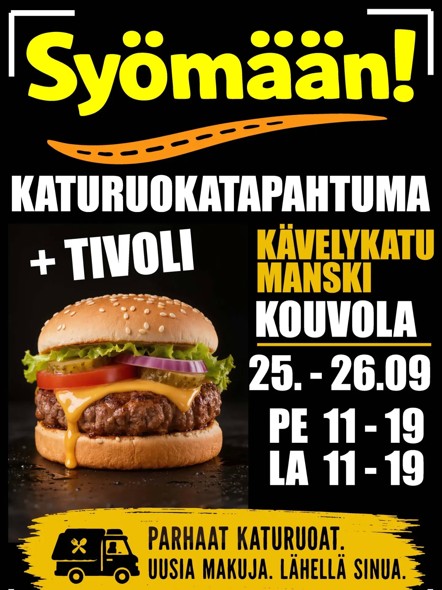 Syömään! –kiertävä katuruokatapahtuma tuo Kouvolaan maailman parhaat maut yhdessä paketissa!

ℹ️ Tapahtuma on avoinna pe-la 25.–26.9. klo 11–19 kävelykatu Manskilla.

🍔 Tarjolla aitoa, käsintehtyä katuruokaa laidasta laitaan: kokonaista possua vartaassa, mehukkaita smash-burgereita, aitoa amerikkalaista BBQ:ta, venezuelalaisia empanadoita, aasialaista katuruokaa sekä makeaa ja suolaista rullapullaa.

Paikan päällä on myös tivoli (säävarauksella). 🎡

Tapahtumaan on vapaa pääsy, tervetuloa nauttimaan!

#syömään #katuruoka #kävelykatumanski