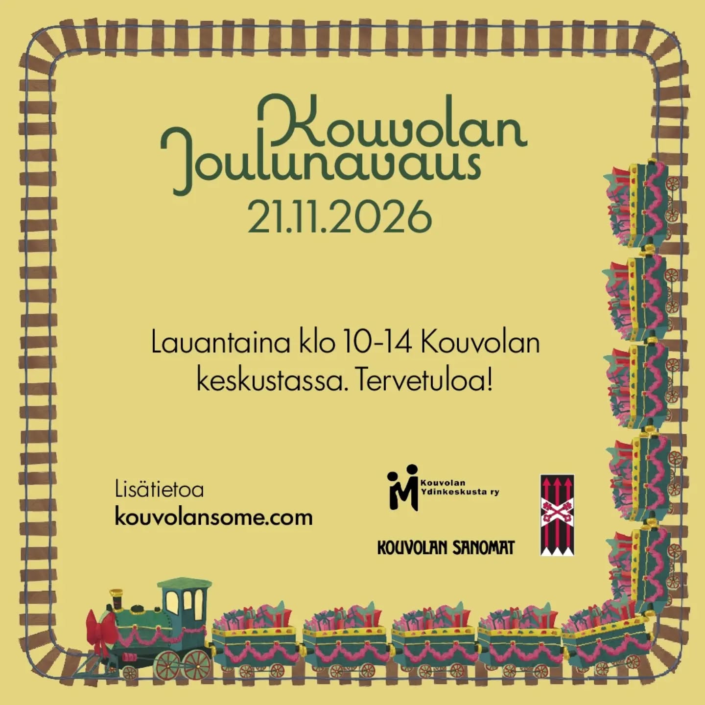 Perinteinen Joulunavaus aloittaa joulukauden! 🎅

Tule seuraamaan joulukulkuetta ja nauttimaan joulun tunnelmasta Kouvolan Joulunavaukseen 21.11.2026 klo 10-14!

🧑‍🎄 Manskille saapuu joulupukki ja muori, suloiset ponit ja koirat sekä maskotteja. Paikan päällä on myös markkinamyyjiä myymässä erilaisia tuotteitaan.

🧑‍🎄 Lisäksi keskustan alueen yritykset palvelevat tapahtuman ajan ja tarjoavat mm. glögiä ja pipareita sekä erilaisia tarjouksia ja muuta mukavaa!

👉 Lue lisää
www.kouvolansome.com

#kouvolanjoulunavaus #visitkouvola #joulutulee